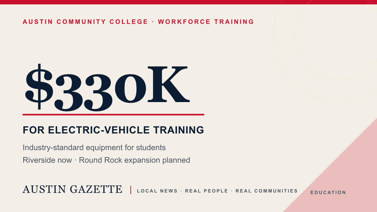 Austin Gazette graphic showing a $330,000 grant for Austin Community College electric-vehicle training